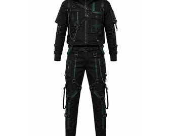 May include: Black hooded jacket and matching pants set with green accents. The jacket features a zipper closure, multiple pockets, and decorative chains. The pants have straps and metal hardware. The outfit is a gothic or alternative style.