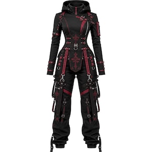 Gotisk techwear-kostym för kvinnor | Svartröd cyberpunk cargo-outfitset