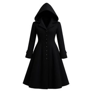 May include: A long, black hooded coat with a button-down front. The coat has a flared skirt, long sleeves with buttoned cuffs, and a tailored silhouette. The hood is large and covers the shoulders.