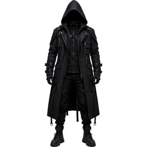 Peut inclure: Un long manteau noir à capuche avec de multiples poches, sangles et boucles. Le manteau est associé à un pantalon et des bottes noirs. Le style général est gothique et audacieux.