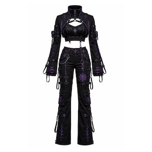 Dam Gothic Techwear Set – Svart Lila Cyberpunk Cargo Outfit Futuristiskt Mode
