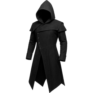 May include: Black hooded coat with an asymmetrical design. The coat has a long, flowing silhouette with a button closure and a distinctive hood. The coat's design includes a cape-like shoulder detail and a split front.