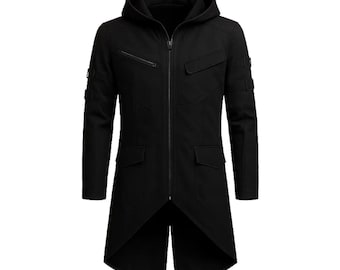 Handmade Black Cotton Cyberpunk Long Coat: Gothic Techwear