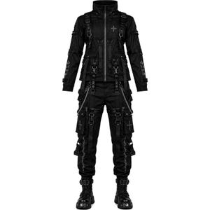 May include: Black two-piece outfit featuring a jacket and pants. The jacket has a high collar, multiple pockets, and cross details. The pants have cargo pockets and chain accents. The outfit includes a matching pair of black boots.