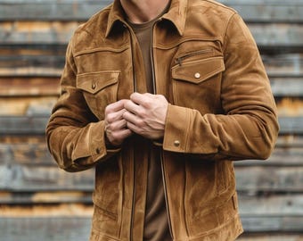 Giubbotto bomber marrone da uomo in vera pelle scamosciata, giacca Atlas foderata in raso fatta a mano