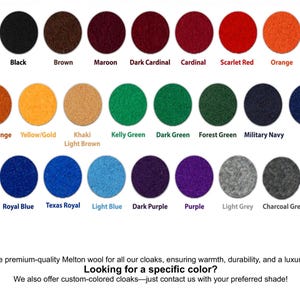 May include: A color chart featuring 20 circular swatches of Melton wool in various colors, including black, brown, maroon, and orange. The text "Looking for a specific color?" is also present.