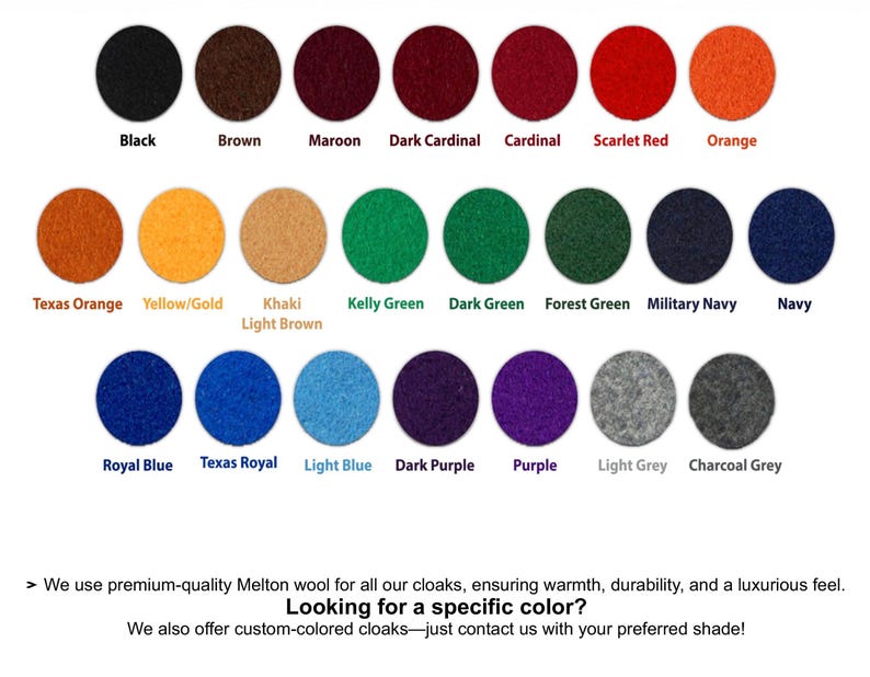 May include: A color chart featuring 20 circular swatches of Melton wool in various colors, including black, brown, maroon, and orange. The text "Looking for a specific color?" is also present.
