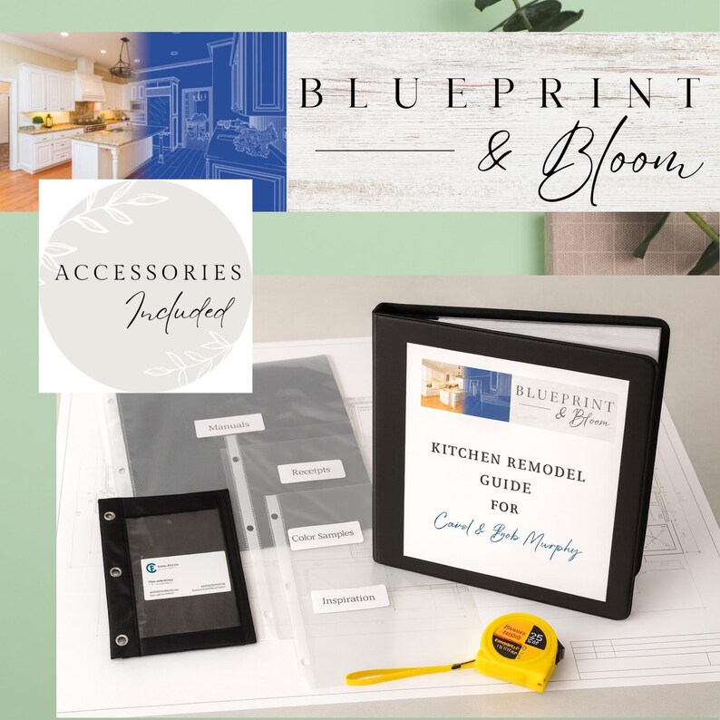 Puede incluir: Un archivador negro titulado "Kitchen Remodel Guide" con el texto "Blueprint & Bloom". Los accesorios incluyen bolsas transparentes etiquetadas como "Manuales", "Recibos", "Muestras de color" e "Inspiraci&oacute;n". Tambi&eacute;n hay una cinta m&eacute;trica amarilla.