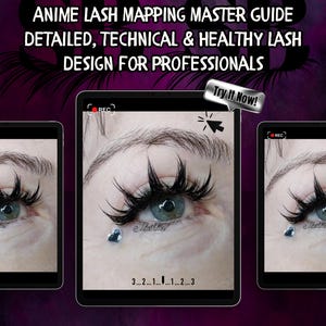May include: A digital guide for lash technicians. The image features a close-up of an eye with striking, anime-style lash extensions. Text on the screen reads "ANIME LASH MAPPING MASTER GUIDE" and "Detailed Guide for Perfect Lash Placement."