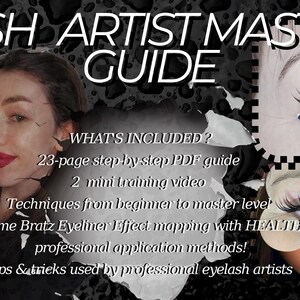 Op de afbeelding: Promotieafbeelding voor een wimperkunstenaar gids. De afbeelding toont een vrouw die valse wimpers vasthoudt, met de tekst "LASH ARTIST MASTER GUIDE". De gids bevat een PDF van 23 pagina's, 2 minivideo's en technieken van beginner tot meester.
