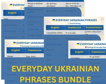 Everyday Ukrainian Phrases 5 Page Bundle - Printable | Learn Ukrainian for Beginners | English + Ukrainian + Pronunciation Sheet