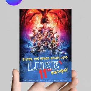 May include: A birthday invitation with a science fiction theme, featuring a group of characters. The text reads "Enter the Upside Down into Luke's Birthday" with the number 11 in red. The background is a mix of red and blue.