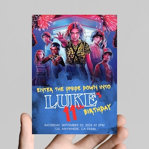 May include: A birthday invitation with a blue background, featuring characters from a science fiction series. The text reads "ENTER THE UPSIDE DOWN INTO LUKE'S 11th BIRTHDAY". The date and time are also included on the invitation.