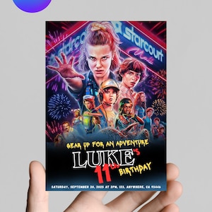 May include: A colorful birthday party invitation featuring characters from a popular science fiction show. The invitation includes the text "GEAR UP FOR AN ADVENTURE" and "LUKE'S 11th BIRTHDAY". The date and time are also included.