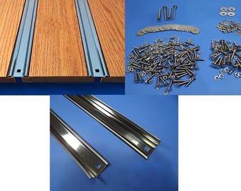 May include: A collection of truck bed parts, including polished metal bed strips, screws, washers, and nuts. The bed strips are shown installed on a wooden surface and separately. The hardware is displayed on a blue background.