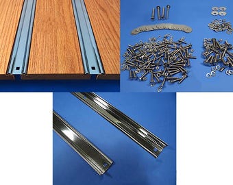 May include: A collection of truck bed parts, including polished metal bed strips, screws, washers, and mounting hardware. The bed strips are shown installed on a wooden surface. The hardware is on a blue background.