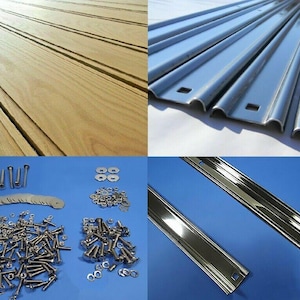 May include: A collage of hardware components, including wooden planks, metal rails, and various fasteners like screws, washers, and nuts. The materials range from light wood to shiny metal, suggesting construction or repair supplies.