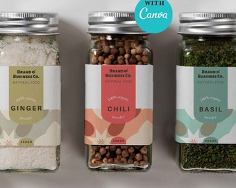 Etiquettes à épices imprimables personnalisées, modèles Canva pour assaisonnements ou bocaux de garde-manger. Etiquettes autocollantes modifiables pour emballage professionnel d&#39;épices et d&#39;herbes