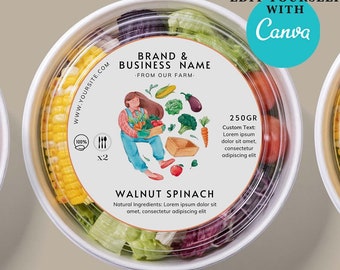 Custom editable salad Label Canva Template for Fresh Food Packaging & Containers.Salad logo Printable label design takeout delivery services
