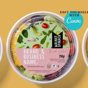 Personalized Fresh Food Salad Label Template.Editable Canva Design for Takeaway Packaging & Containers.Printable label design for fresh food