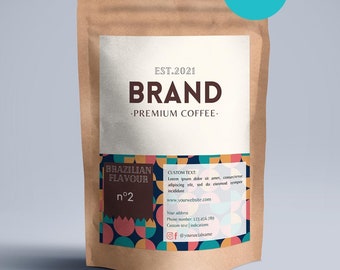 Custom printable coffee bag label.Editable coffee pouch template.Tea pouch & coffee packaging design.Modern Custom canva coffee label templa