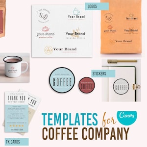 Pacote de marca de empresa de café editável com modelos de rótulos de café, menu de cafeteria, cartão de visita de café, cartões de agradecimento de café e adesivos