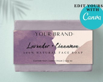 Editable wrap around soap label Canva template design.Printable belly band template for handmade bar soap packaging.Custom soap labels