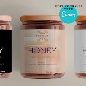 Custom honey jar label template Editable for canva.Elegant & luxury honey packaging Design.Personalized honey hexagon jar wrap sticker label