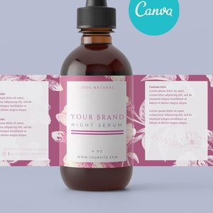 May include: A brown glass bottle with a dropper top and a label that says "Your Brand Night Serum 100% Natural 4 oz www.yoursite.com". The label has a floral design with pink and white flowers. The bottle is sitting on a light blue background. Edit Yourself with Canva.