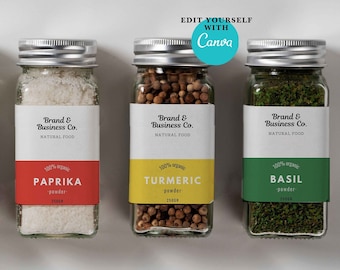 Printable spices labels,Custom canva template for spices or pantry jars,Minimalist editable spices sticker labels packaging for jars.