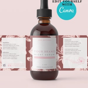 May include: A brown glass bottle with a black dropper top and a label that says "YOUR BRAND NIGHT SERUM" with a floral design. The label also says "100% NATURAL" and "4 OZ".