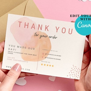 Imprimible Gracias plantilla de tarjeta, Pequeña empresa Gracias por su paquete de pedido insertar postal, Editable Gracias tarjeta nota negocio