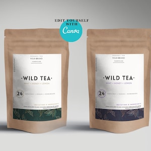 Printable Tea & herbals packaging Label Template for Canva.Custom tea product packaging design.Elegant labels for tea package.