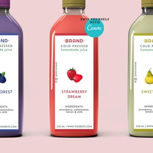Editable custom Juice label template for Canva.Custom printable juice packaging labels design.Juicing labels design for juice bar business.