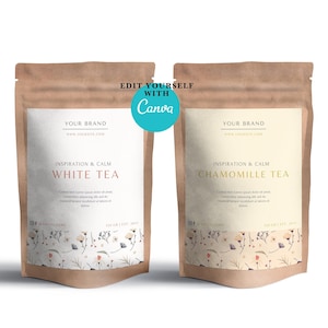 Editable tea label template for pouch or tea bags.Customized herbal labels for Tea packaging.Canva tea label template.Tea package branding
