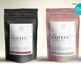 Coffee bag label template for Canva, Custom natural coffee pouch label for print, DIY printable coffee label, Personalized Coffee packaging