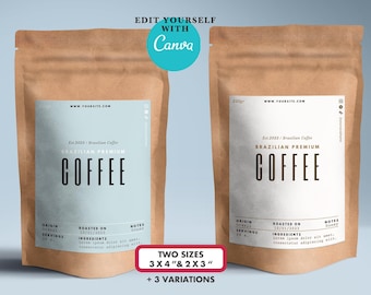 Custom Coffee bag or pouch Label Template Canva Editable.Minimalist Coffee Tea Packaging Design.Printable Coffee product branding package