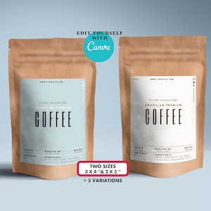 Plantilla de etiqueta de bolsa o bolsa de café personalizada Canva Editable.Diseño de empaque de té de café minimalista.Paquete de marca de producto de café imprimible
