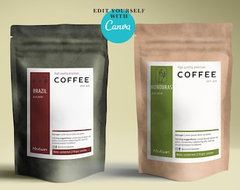 Print Coffee bag label template,Editable coffee packaging canva template,Tea Coffee brand pouch label template.Packaging sticker for pouch