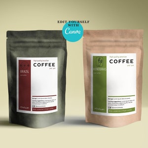 May include: Three brown paper bags with labels for coffee beans. The labels are white with black text and feature a green, brown, or black background. The labels say "High quality arabica coffee" and list the origin of the beans as "Ecuador", "Brazil", and "Honduras".