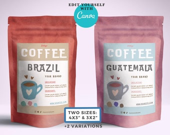 Customizable Coffee bag Label Template for Pouch.Professional Coffee Package Design.Edit Cute coffee product label template for Canva DIY.