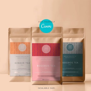 Modelo Canva de rótulo de embalagem de mistura de chá editável personalizado para saquinhos e bolsas de chá. Design de embalagem de rótulo de negócios de chá de ervas personalizado para impressão