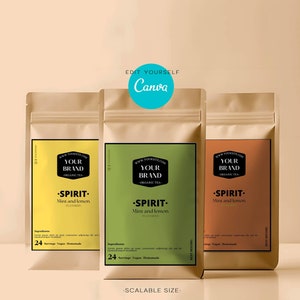 Printable herbal Tea blend Label Packaging design template editable for Canva.Tea pouch label template package.Custom product packaging.