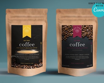 Modèle d&#39;étiquette de sachet de café imprimable, modèle de toile d&#39;emballage de café modifiable, modèle d&#39;étiquette de sachet de thé et de café. Autocollant d&#39;emballage pour pochette