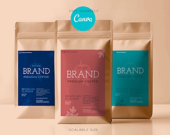 Editable Coffee pouch  packaging label template for Canva.Professional Printable Custom coffee product packaging labels for coffee bags