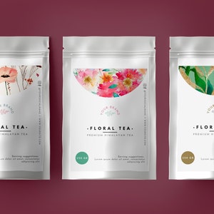 Custom Tea blend packaging labels template.Editable canva tea labels design for tea herbal bags and pouches.Print tea packaging design