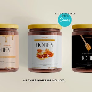 Custom editable honey jar label Canva template.Minimalist professional honey label design for beekeepers.Printable label for honey brands