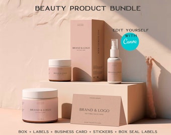 Custom cosmetic and beauty branding bundle Canva template.Editable skincare and body product packaging branded box & label for print.