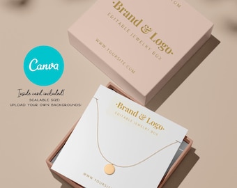 Boîte d'emballage de bijoux personnalisée et carte d'affichage Ensemble de modèles Canva. Boîte-cadeau de bijoux imprimable avec kit de marque de logo. Forfait modifiable.