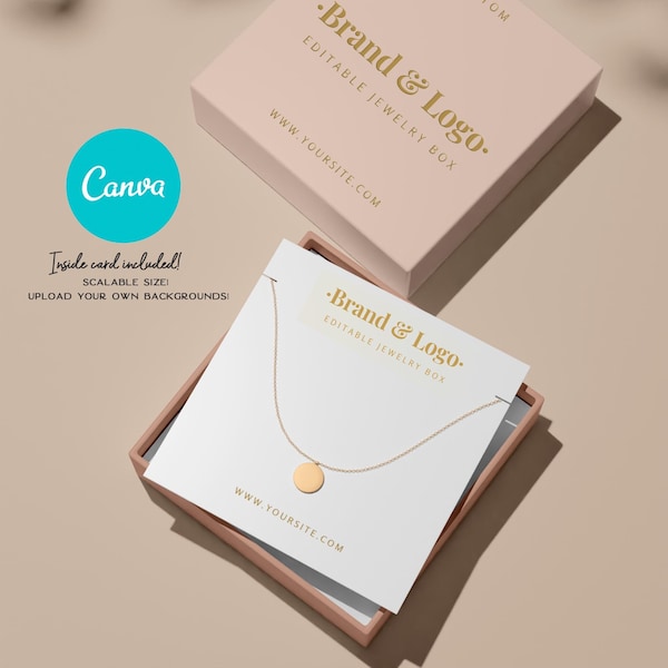 Boîte d'emballage de bijoux personnalisée et carte d'affichage Ensemble de modèles Canva. Boîte-cadeau de bijoux imprimable avec kit de marque de logo. Forfait modifiable.